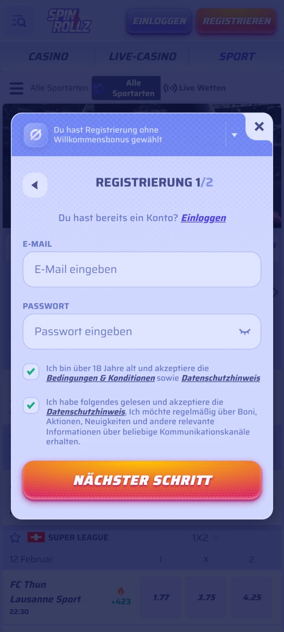 spinrollz registrierung app