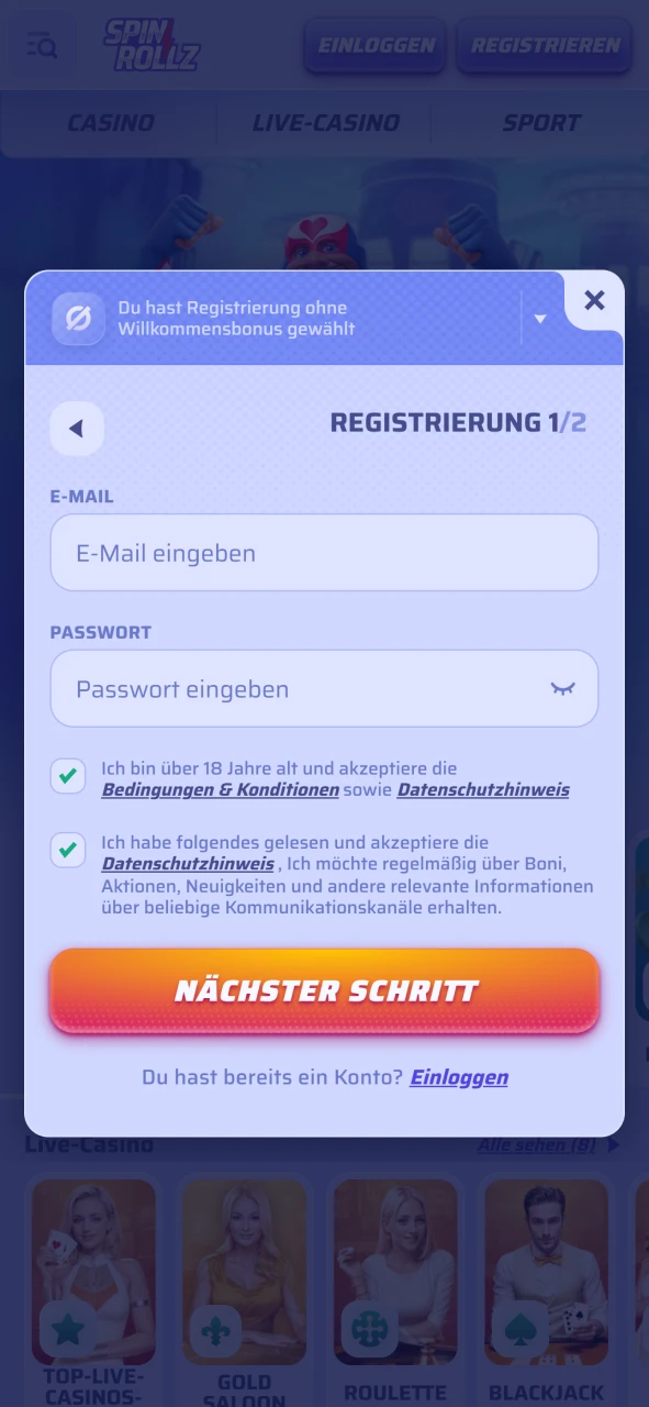 Öffnen Sie die Spinrollz App und melden Sie sich sofort an.