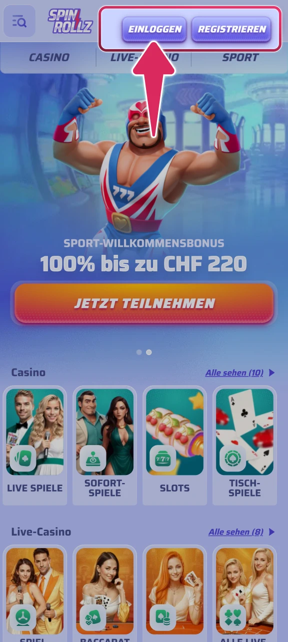 Klicken Sie auf die Schaltfläche um die Spinrollz Login-Seite aufzurufen.