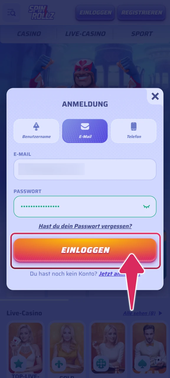 Bestätigen Sie Ihre Anmeldung im Spinrollz Portal mit Ihren Daten.