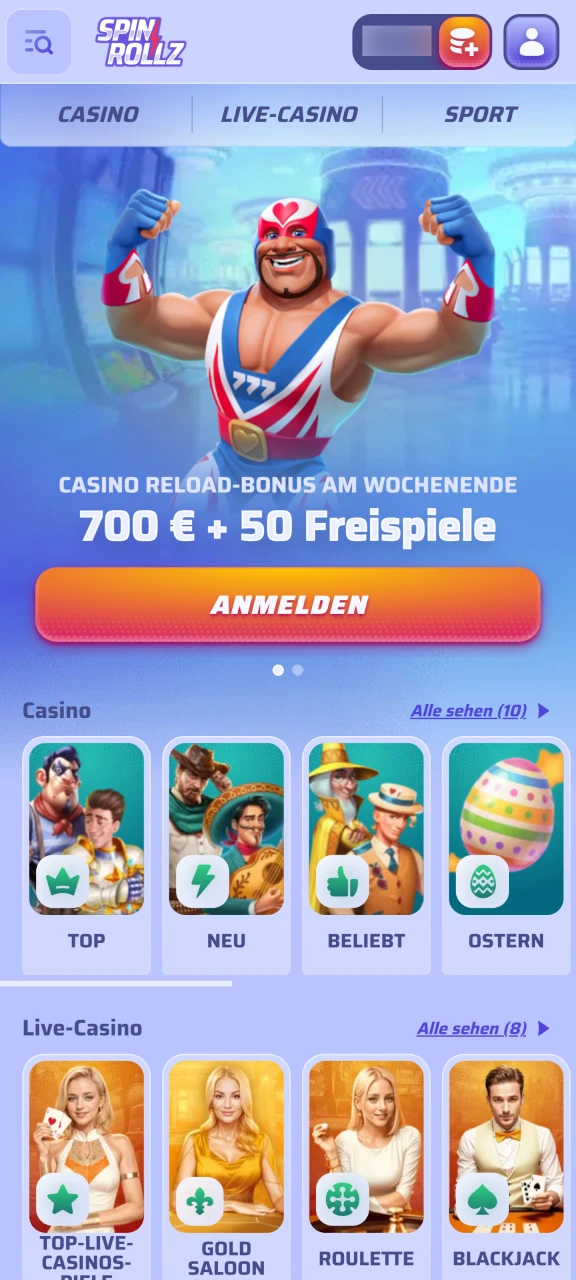 Nutzen Sie Ihr Spinrollz Konto für Spiele und sportliche Wetten.