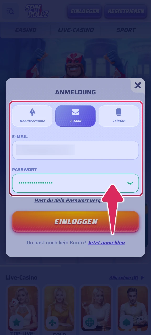 Geben Sie Ihre Zugangsdaten für Ihr persönliches Spinrollz Konto ein.
