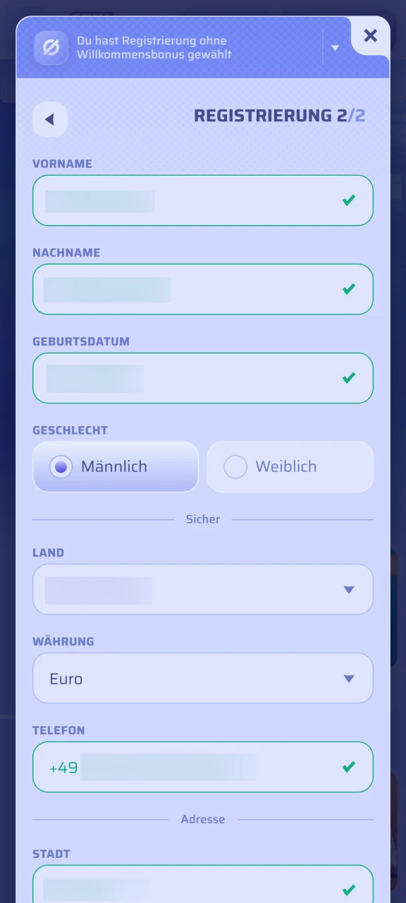 Geben Sie Ihre persönlichen Informationen in das Spinrollz Formular ein.