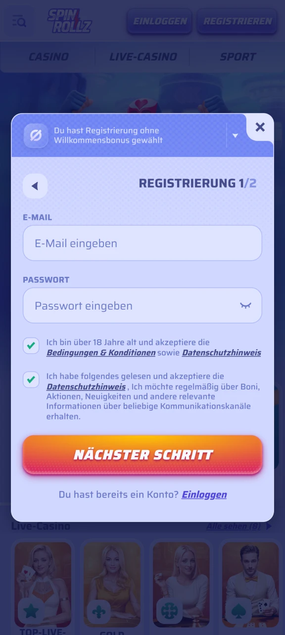 Starten Sie die Spinrollz App und tippen Sie auf Registrieren.