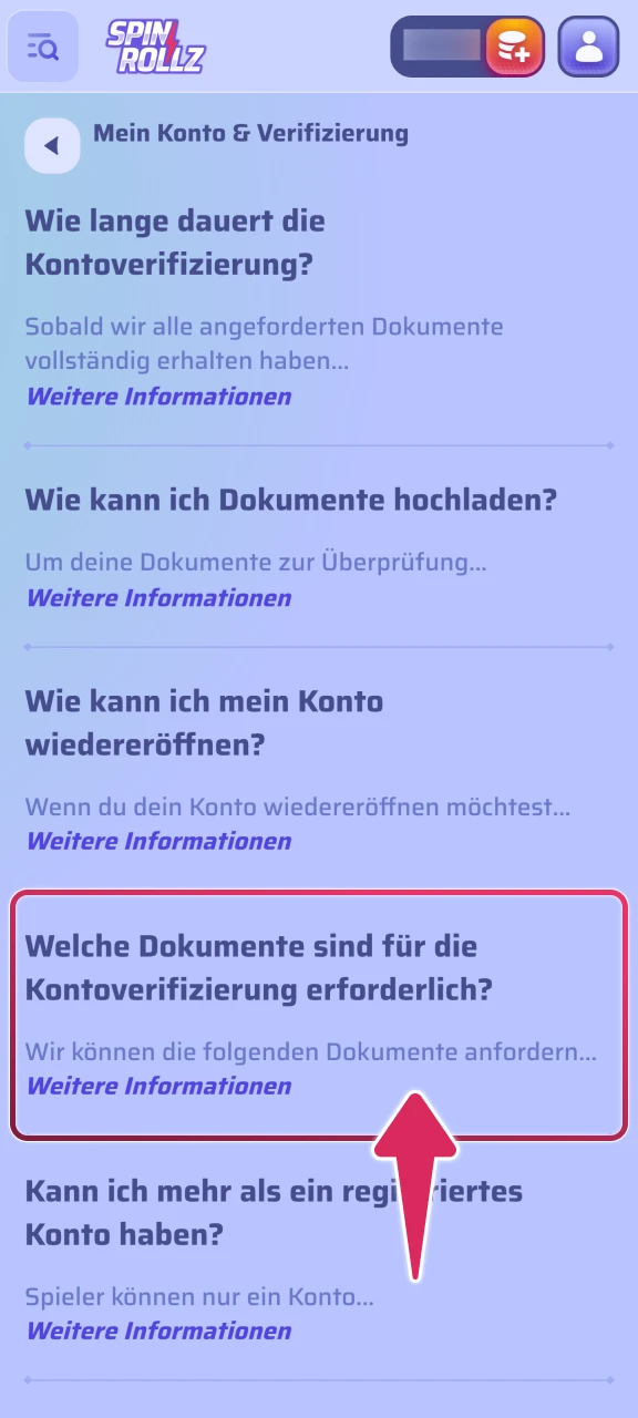 Reichen Sie einen aktuellen Adressnachweis für Ihr Spinrollz Konto ein.