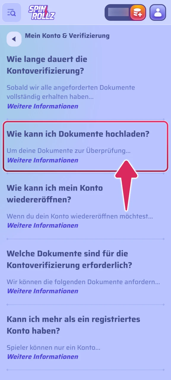Laden Sie Ihren Identitätsnachweis im persönlichen Spinrollz Profil hoch.