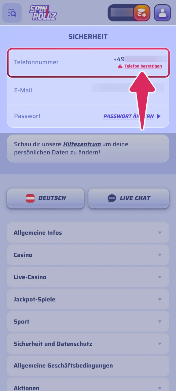 Verifizieren Sie Ihre Handynummer mit dem erhaltenen Spinrollz Code.