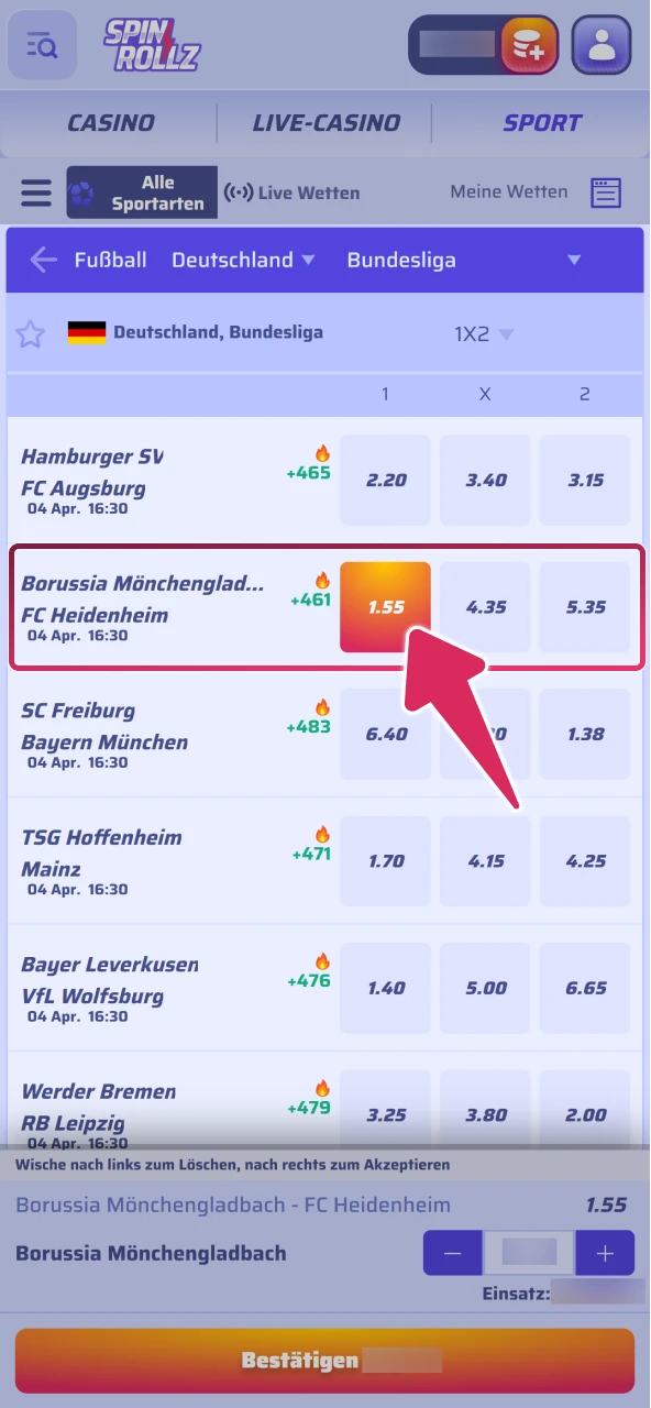Tippen Sie auf die Quote für Ihren Spinrollz Wettschein.