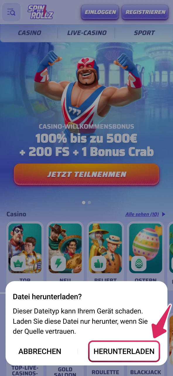 Bestätigen Sie den Download der Spinrollz App im erscheinenden Pop-up Fenster.