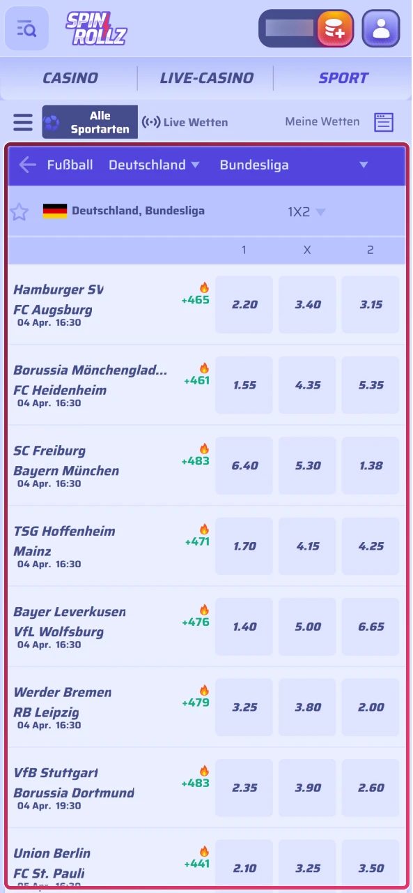 Wählen Sie ein gewünschtes sportliches Ereignis aus der Spinrollz Liste.