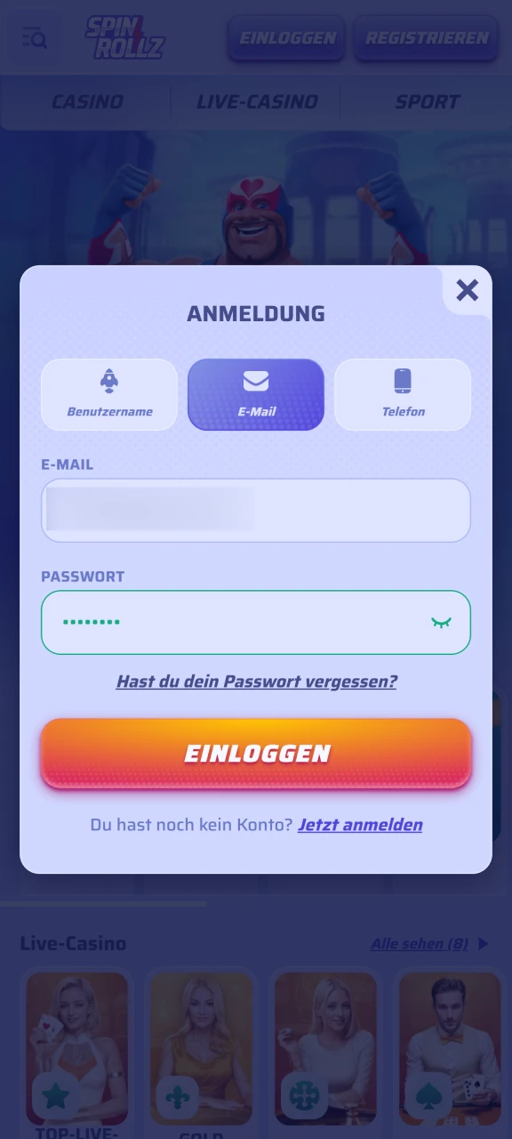 Öffnen Sie die Spinrollz App und melden Sie sich an.