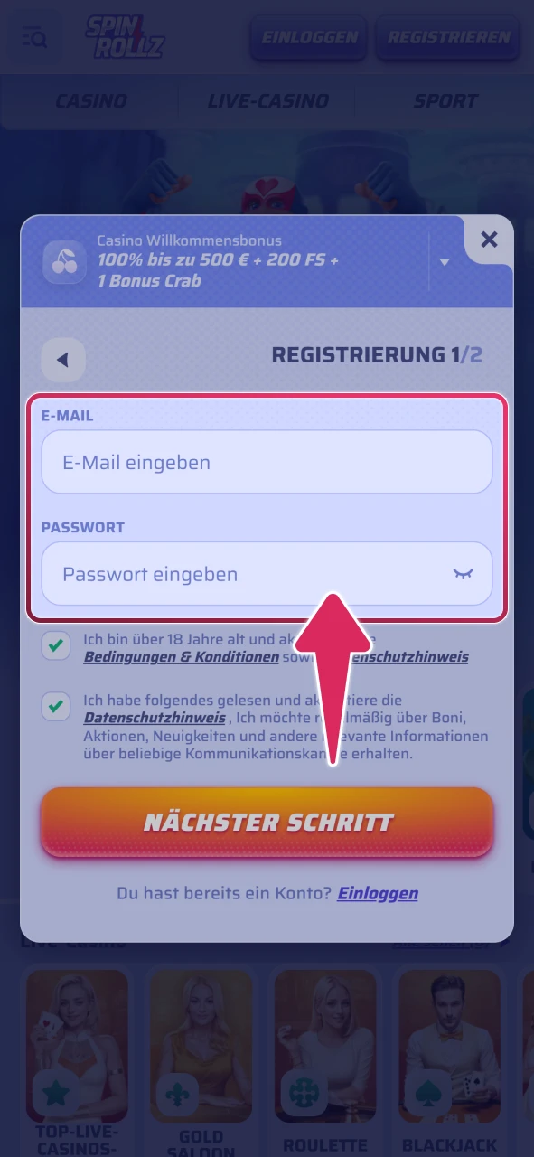 Geben Sie Ihre persönlichen Daten für Ihr Spinrollz Konto ein.