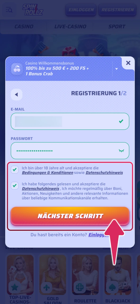 Akzeptieren Sie die Bedingungen und schließen Sie die Spinrollz Registrierung ab.
