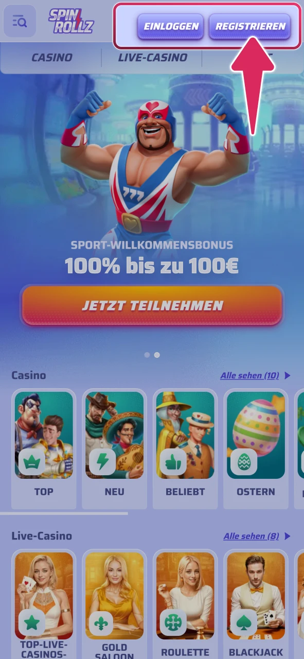 Öffnen Sie die Spinrollz App und tippen Sie auf Registrieren.