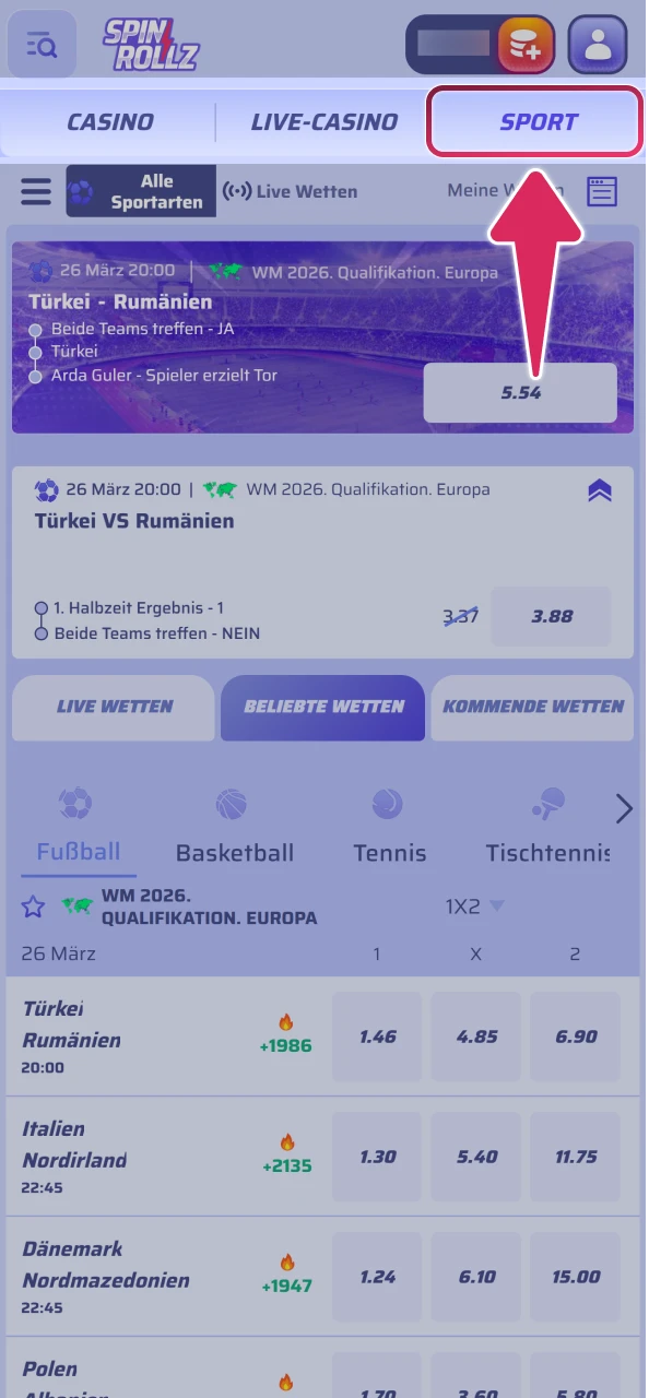Navigieren Sie zum Sportbereich und wählen Sie eine Spinrollz Sportart.