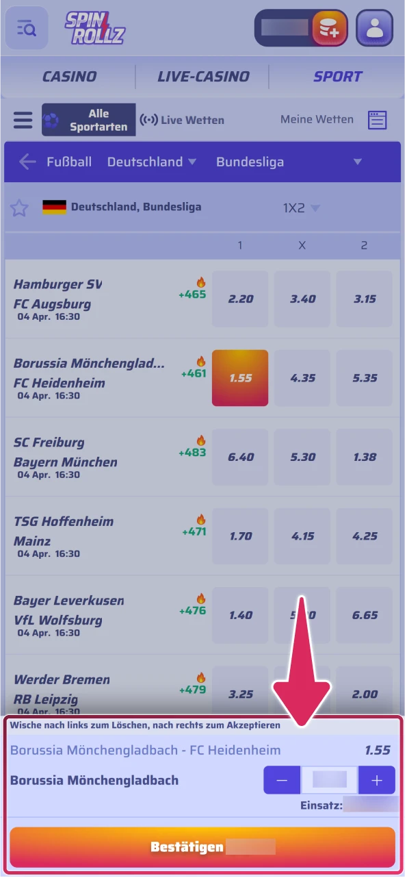 Geben Sie Ihren Einsatz ein und bestätigen Sie die Spinrollz Wette.