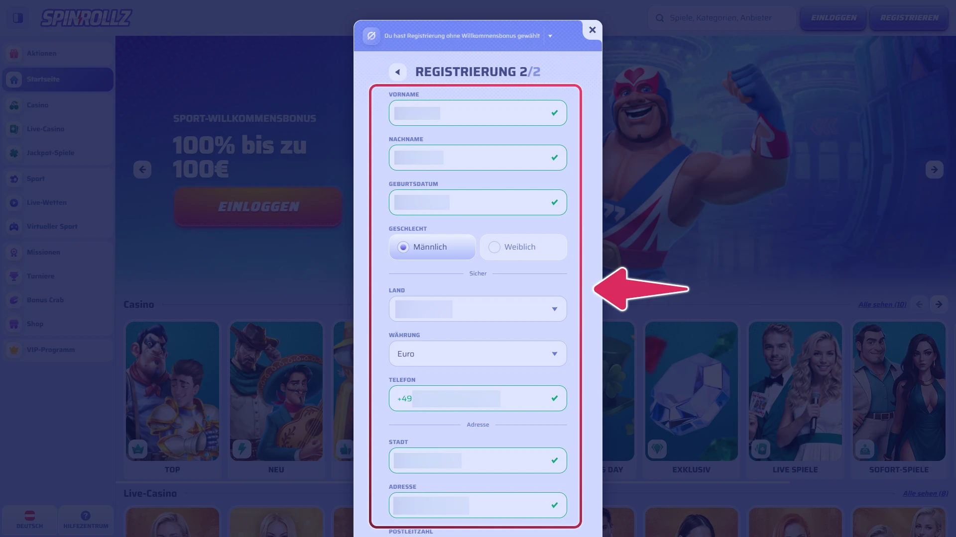 Geben Sie Ihre persönlichen Daten in das Spinrollz Anmeldeformular ein.